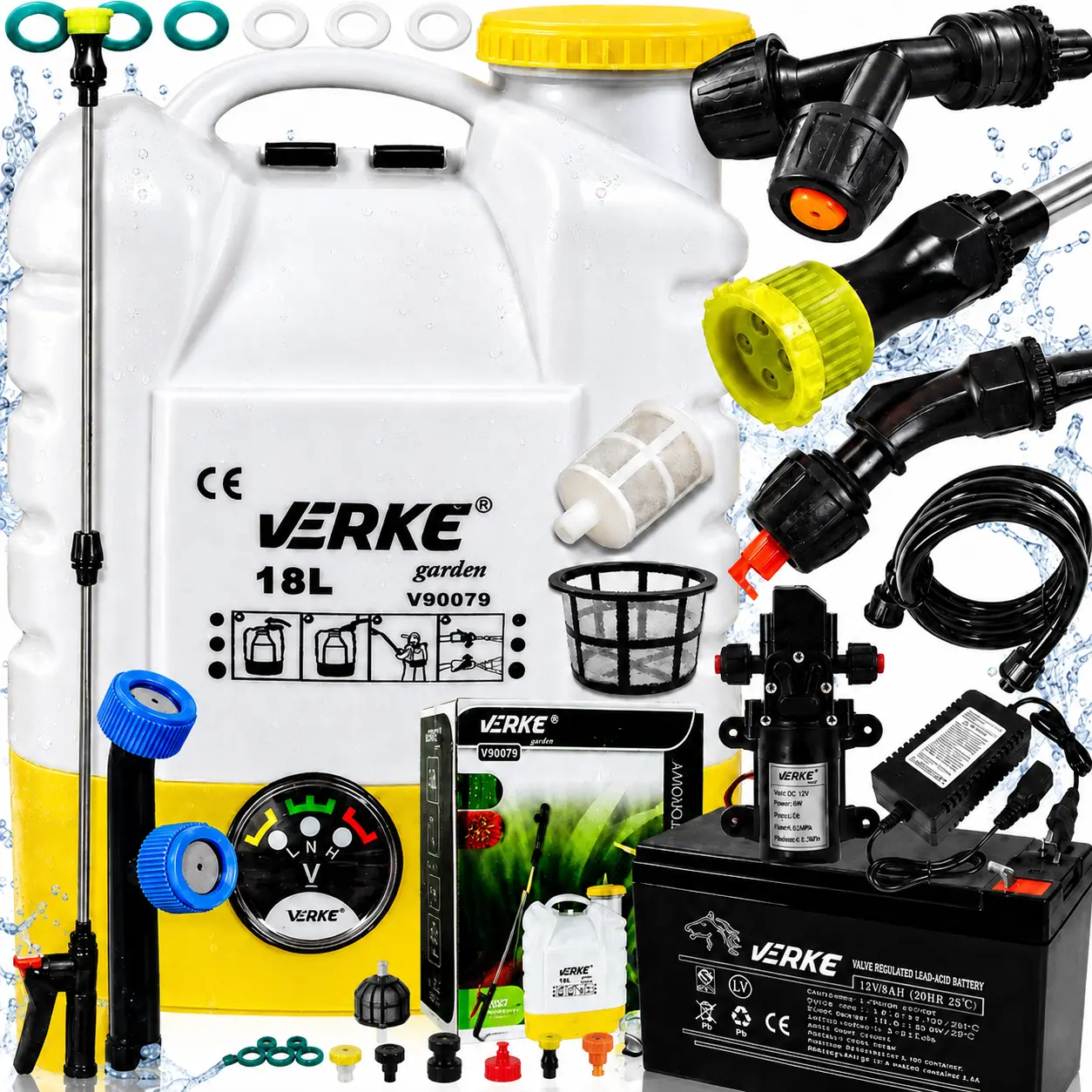 Opryskiwacz akumulatorowy plecakowy 18L Verke – 12V 8Ah, 3,1 l/min Opryskiwacz Verke 18L z regulacją ciśnienia i filtrami
