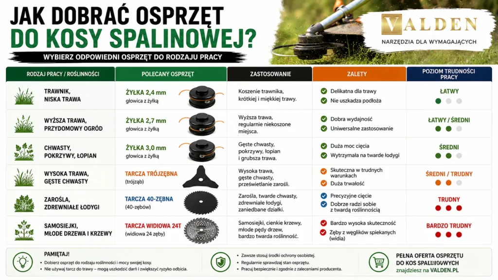 Tarcza czy żyłka do kosy spalinowej? Co wybrać i kiedy? Jak dobrać osprzęt do kosy spalinowej – porównanie żyłki 2,4 mm, 2,7 mm, 3,0 mm oraz tarczy trójzębnej, 40-zębnej i widiowej do różnych rodzajów prac.