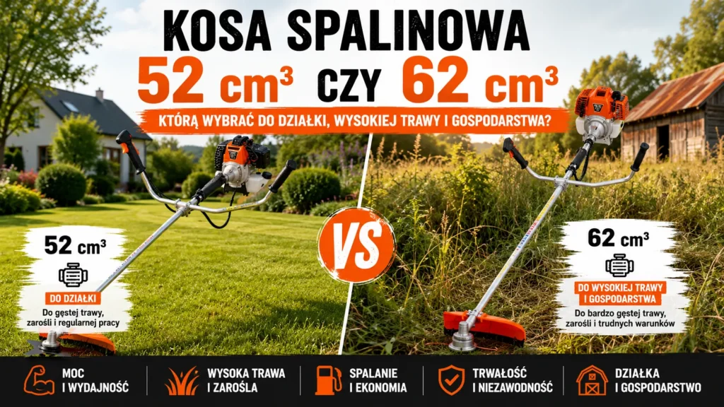 Kosa spalinowa 52 cm³ czy 62 cm³ – którą wybrać do działki, wysokiej trawy i gospodarstwa? Porównanie kos spalinowych 52 cm³ i 62 cm³ do działki, wysokiej trawy, zarośli oraz gospodarstwa