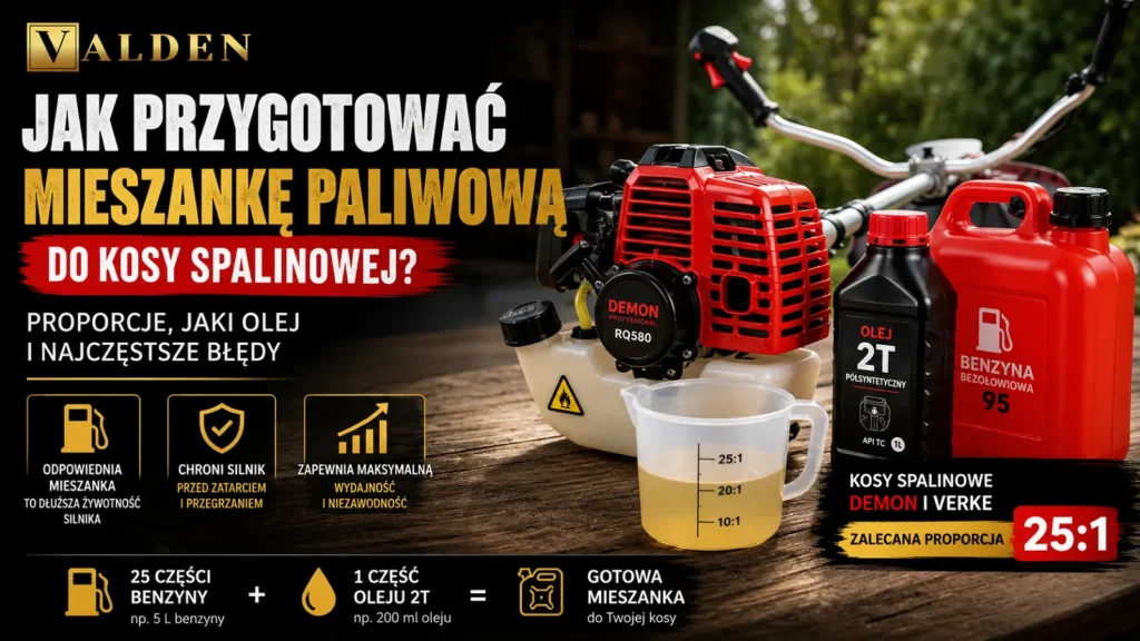 Jak przygotować mieszankę paliwa do kosy spalinowej? Proporcje 25:1 dla kos DEMON i VERKE Jak przygotować mieszankę paliwa do kosy spalinowej DEMON i VERKE 25:1 – poradnik Valden
