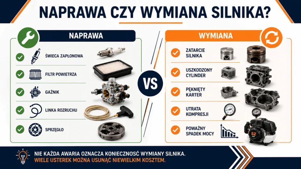Jaki silnik do kosy spalinowej wybrać? Kiedy wymienić silnik? Infografika porównująca naprawę i wymianę silnika kosy spalinowej oraz najczęstsze usterki wymagające serwisu lub wymiany jednostki napędowej.