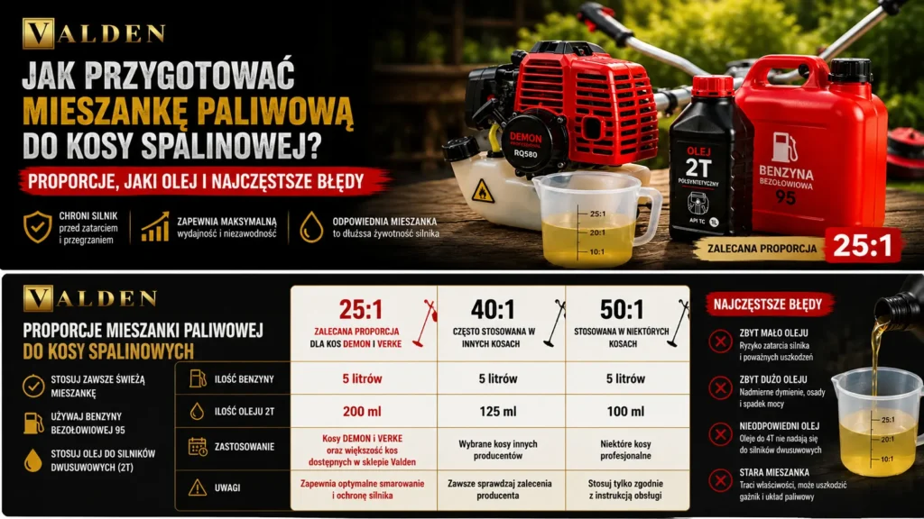 Jak przygotować mieszankę paliwa do kosy spalinowej? Proporcje 25:1 dla kos DEMON i VERKE Jak przygotować mieszankę paliwa do kosy spalinowej DEMON i VERKE 25:1 – proporcje benzyny i oleju