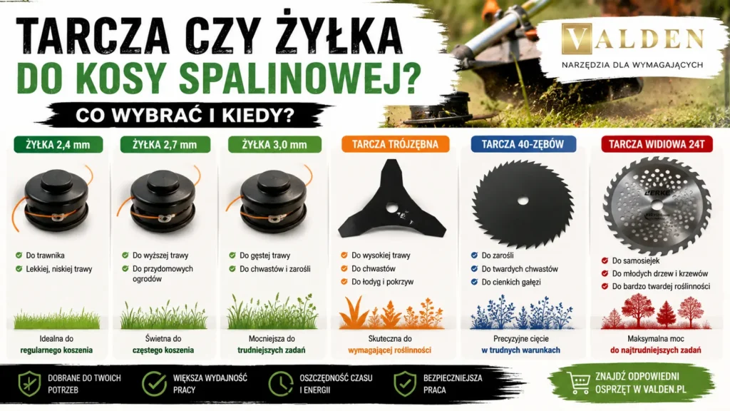 Tarcza czy żyłka do kosy spalinowej? Co wybrać i kiedy? Tarcza czy żyłka do kosy spalinowej – porównanie żyłek 2,4 mm, 2,7 mm, 3,0 mm oraz tarczy trójzębnej, 40-zębnej i widiowej.
