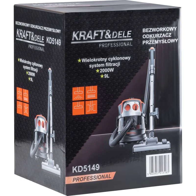 Bezworkowy odkurzacz warsztatowy KRAFT&DELE KD5149 2000 W 9 l Oryginalne opakowanie odkurzacza przemysłowego KRAFT&DELE KD5149