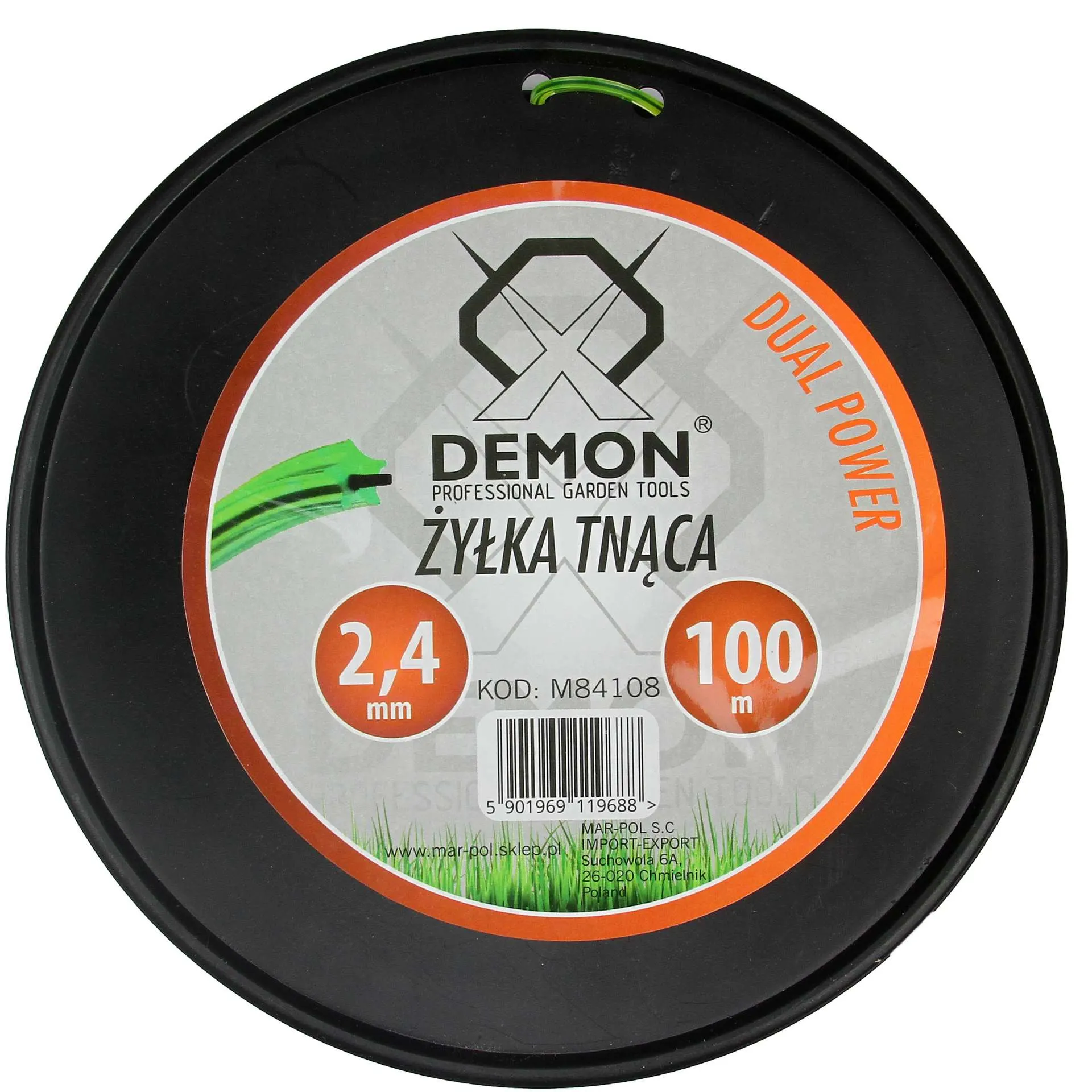 Żyłka tnąca DEMON Dual Power 2,4 mm x 100 m – gwiazdka zbrojona M84108 Przód opakowania żyłki tnącej DEMON Dual Power 2,4 mm 100 m