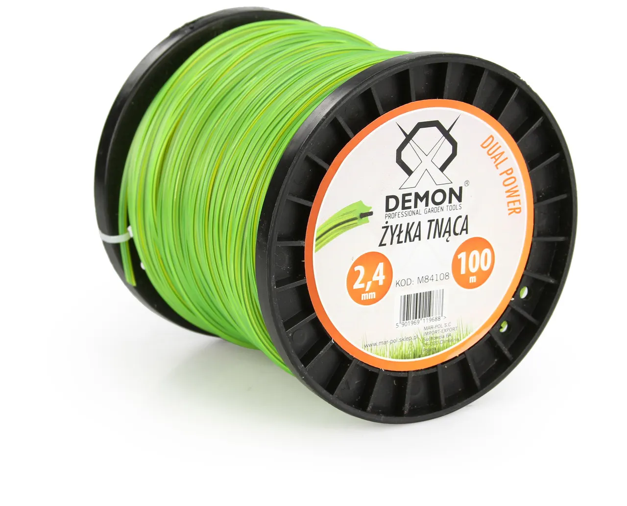Żyłka tnąca DEMON Dual Power 2,4 mm x 100 m – gwiazdka zbrojona M84108 Żyłka tnąca DEMON 2,4 mm 100 m gwiazdka zbrojona widok pod kątem