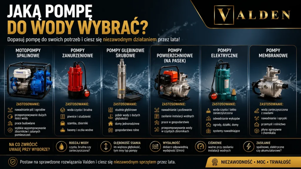 Jaką pompę do wody wybrać? Rodzaje pomp i praktyczny poradnik Rodzaje pomp do wody i zastosowanie – porównanie motopomp, pomp zanurzeniowych, głębinowych śrubowych, powierzchniowych, elektrycznych i membranowych