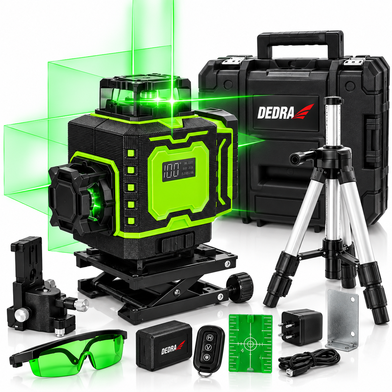 Laser krzyżowy poziomica laserowa 4D 360° zielony DEDRA MC0909 + statyw Laser krzyżowy DEDRA MC0909 4D z zieloną wiązką