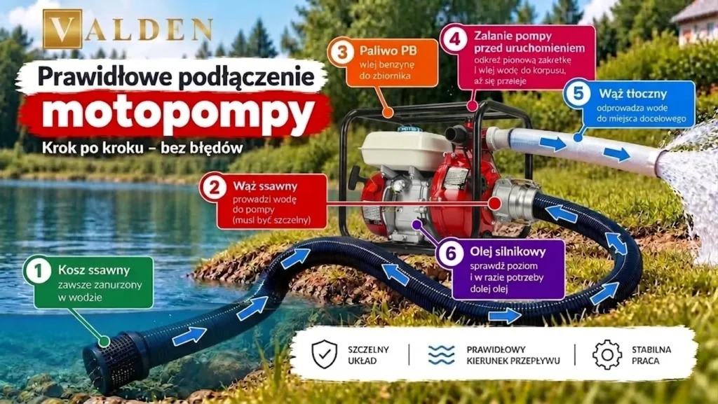 Jak uruchomić motopompę? Instrukcja krok po kroku Jak uruchomić motopompę – przygotowanie motopompy spalinowej do pracy krok po kroku