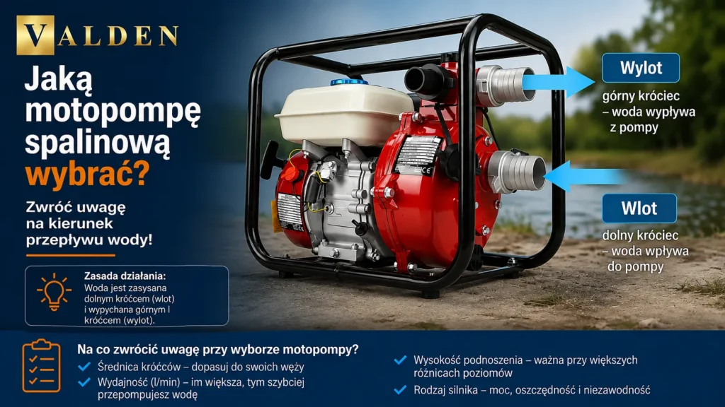 Jaką motopompę spalinową wybrać – budowa motopompy spalinowej, wlot i wylot wody