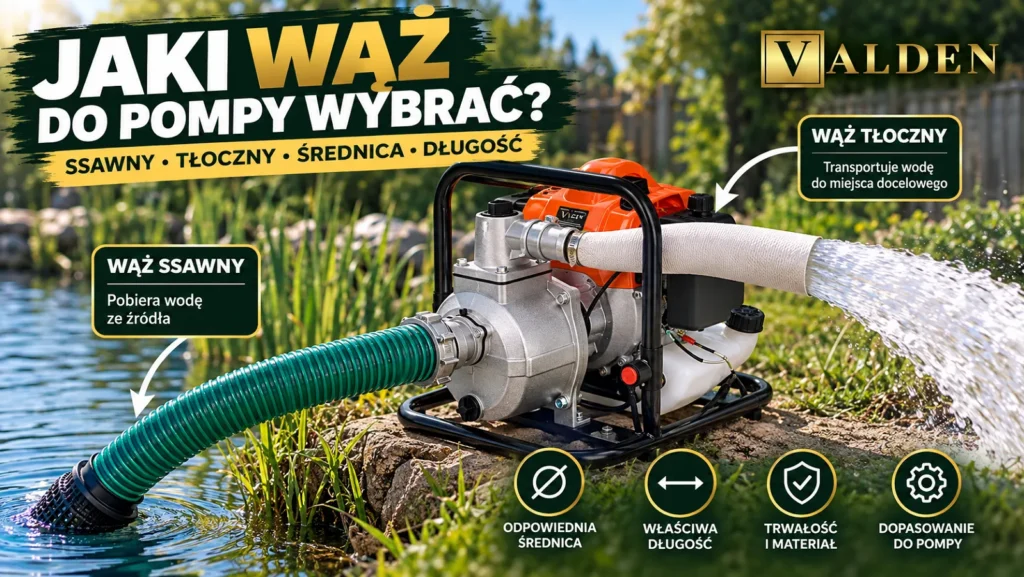 Jaki wąż do pompy wybrać? Poradnik: ssawny, tłoczny, średnica i długość Jaki wąż do pompy wybrać – motopompa z podłączonym wężem ssawnym i tłocznym