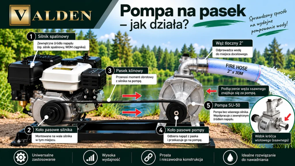 Pompa na pasek – jak działa, jak dobrać i kiedy warto? Pompa na pasek napędzana silnikiem spalinowym za pomocą paska klinowego