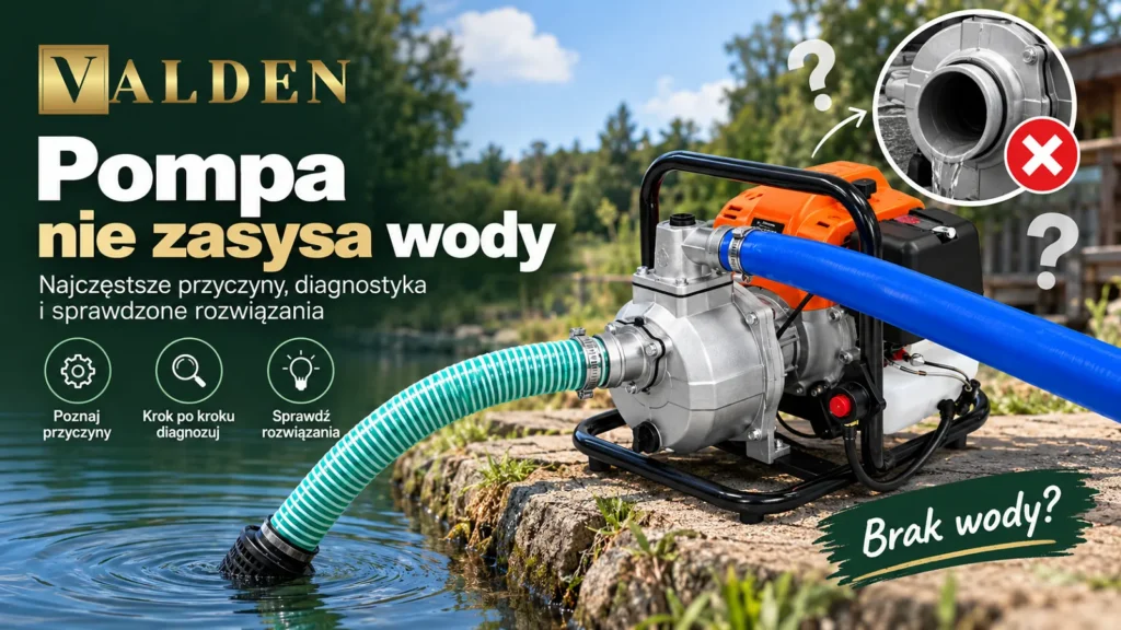 Pompa nie zasysa wody – przyczyny i diagnostyka krok po kroku. Pompa nie zasysa wody – motopompa z podłączonym wężem ssawnym i tłocznym podczas diagnostyki problemu z poborem wody